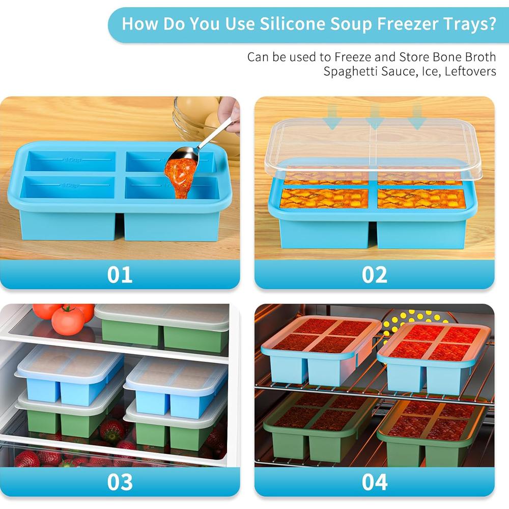 1 Cup Silicone Freezer Trays with Lid, Soup Freezer Trays & Molds & Containers,Large Silicone Ice Cube Tray For Freezing