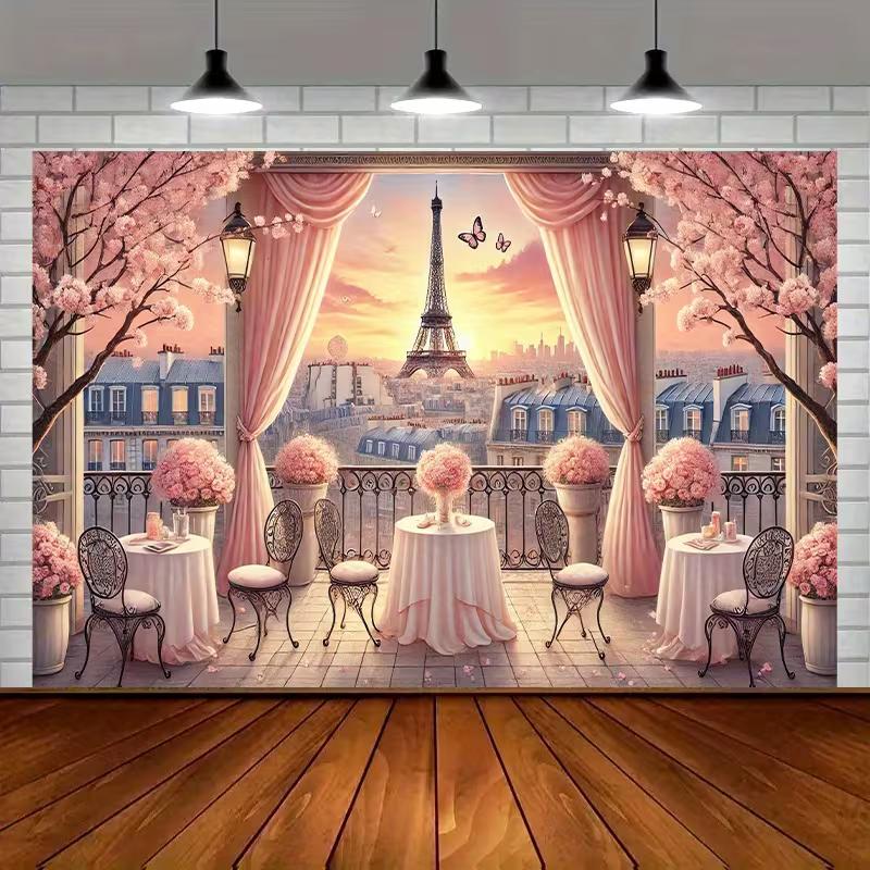 2D Romantic Pink Curtain Paris Balcony Backdrop Wedding Bridal Shower Decor Background Cloth 47.2x31.5inch/120*80cm