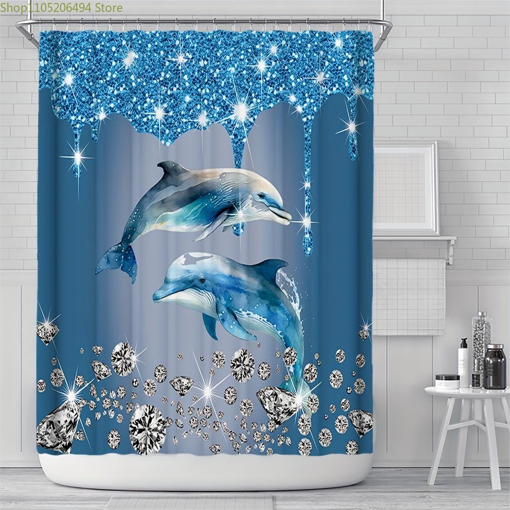 1/3/4pcs Blue Diamond Dolphin Print Shower Curtain Set Non-Slip Toilet Lid U-Shaped Polyester Fabric Shower Curtain with 12 Ho
