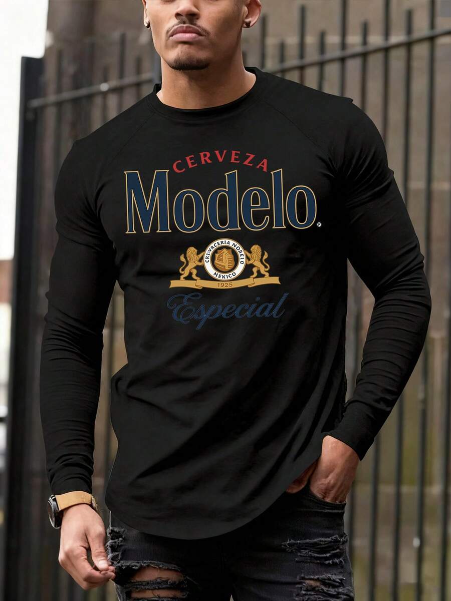 Men Modelo Especial Lion Mexico Vintage Print Long Sleeve Cotton Tee Fall Winter Gift S
