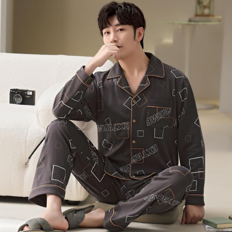 Plus Size Faux Cotton Print Men's Pajamas Korean Ins Autumn Y2k Male Nightwear