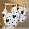 2 Buc/Set Pijama de Vară pentru Femei Costum Bretele Ajustabile Fără Mâneci Imprimeu Inimă Top Crop Șifonat Set de Pijamale de Dormitor