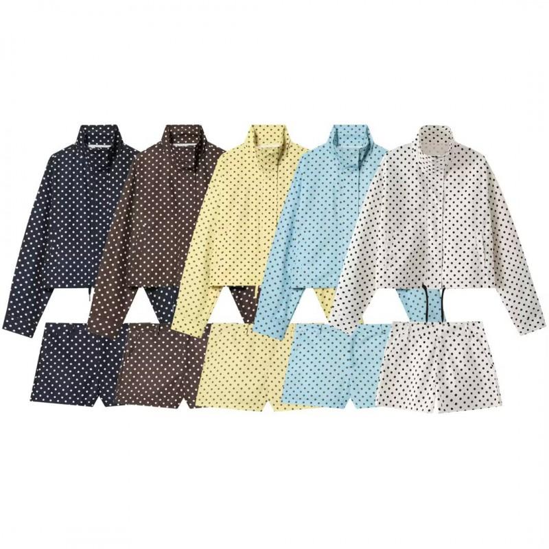 Womens Stand Collar Long Sleeve Colorblock Polka Dot Drawstring Jacket Short Outerwear