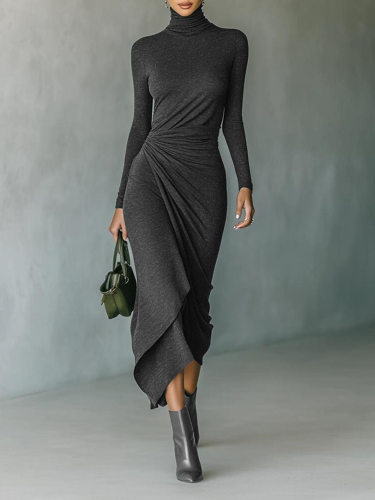 Elegant High-Collar Waist-Cinching Irregular Wrap Dress for Women - Autumn/Winter Collection