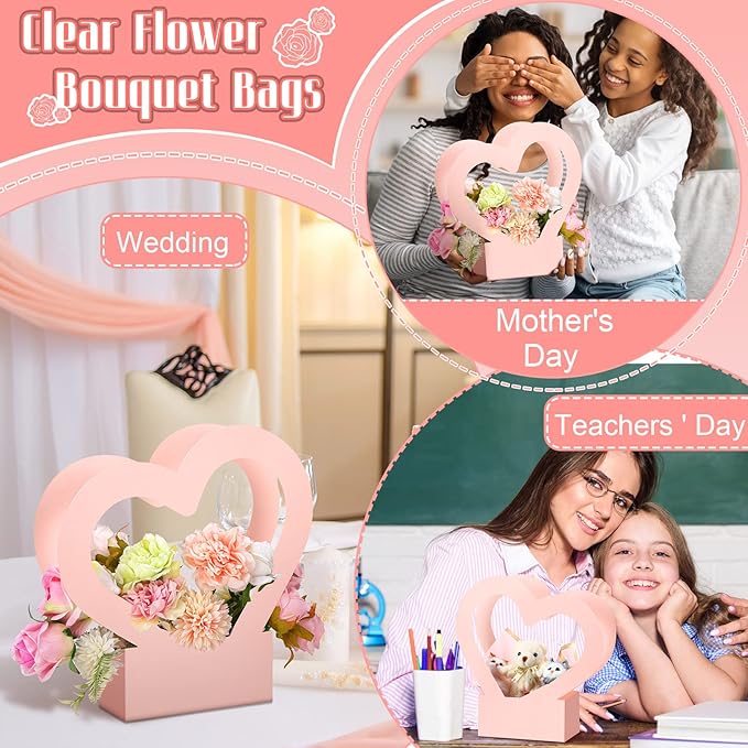 4 Pcs Valentine's Day Gift Bags Heart Shaped Boxes for Flowers Empty Bouquet with Handle Folding Basket for Wedding Arrangement Graduation