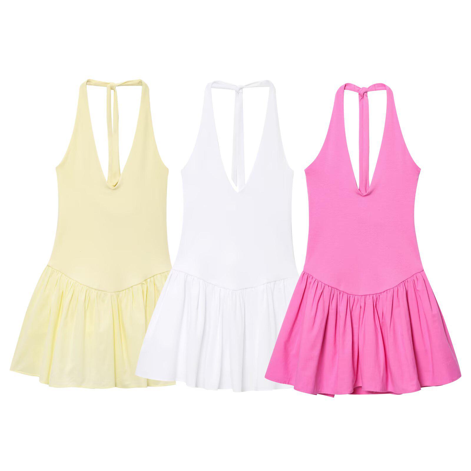 

ZA Women s 2025 Spring Sexy Slim Fit Solid Color Halter Neck Dress Extra Small