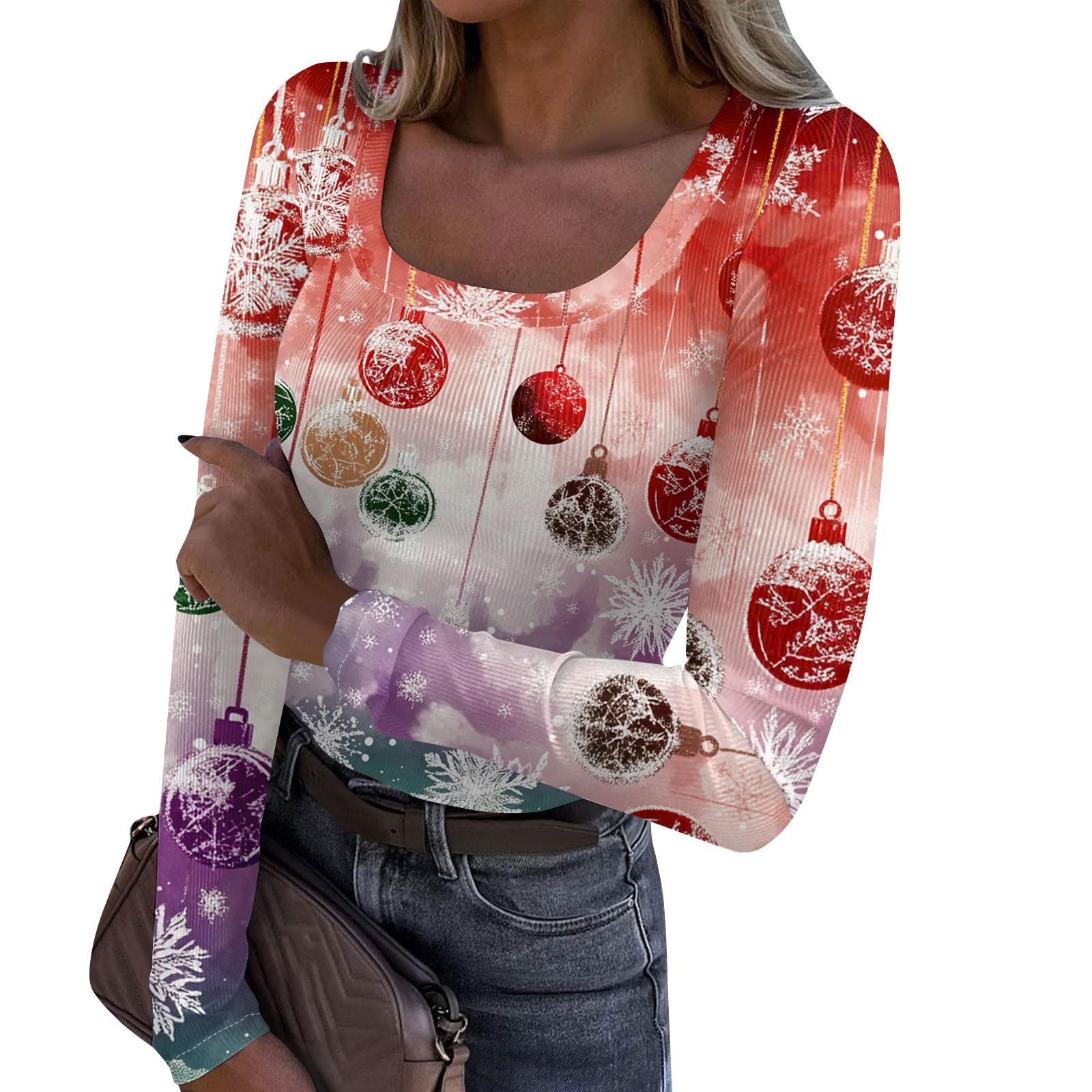 

Женская модная футболка с тонким низом, рождественский принт, пуловер с U-образным вырезом и длинными рукавами S