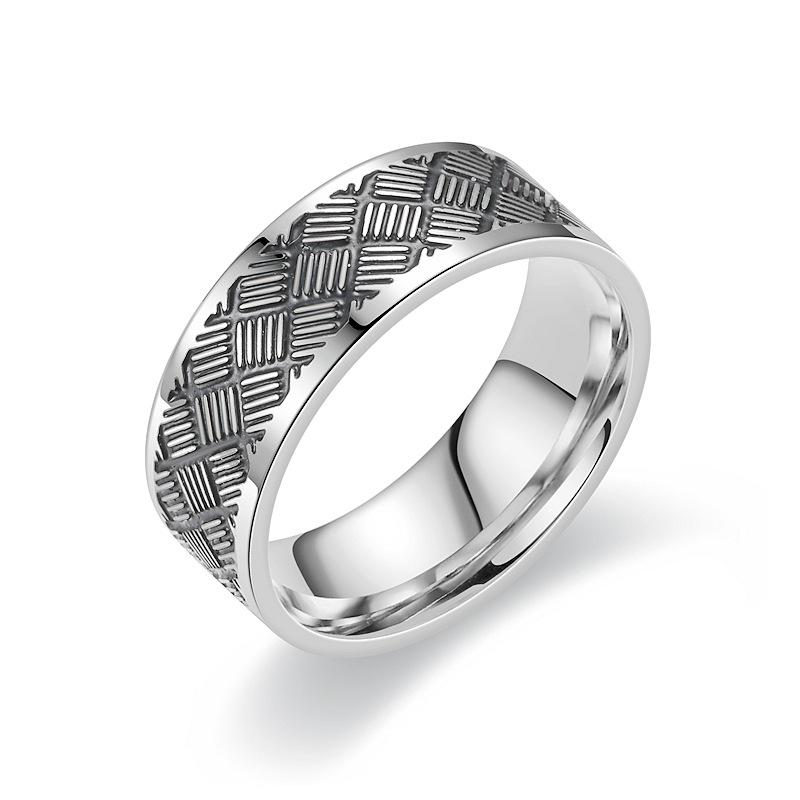 Men's Titanium Steel Punk Ring with Geometric Carving, Blackened for Couples - European & American Style.
