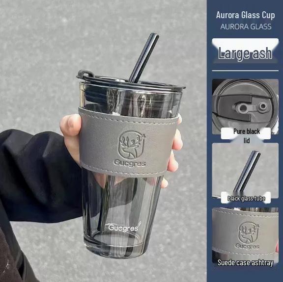 Tasse à café et à eau en verre isolant de haute qualité avec paille en bambou – Tasse de voyage portable et cadeau
