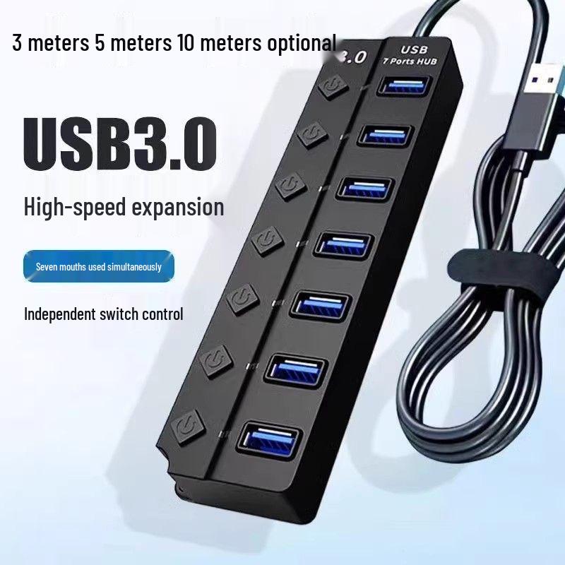 Seven-Port USB Hub with Switch for Desktop and Laptop Expansion