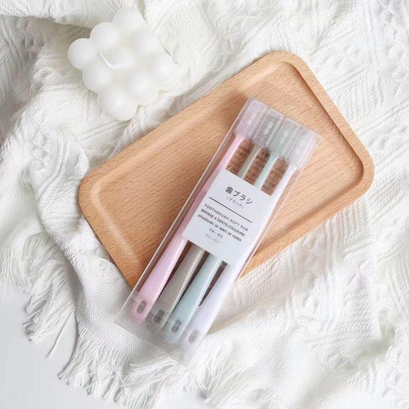 Macaron Bamboo Charcoal Toothbrush Set: 4 Large-Head, Ultra-Soft Bristle Brushes for Men & Women