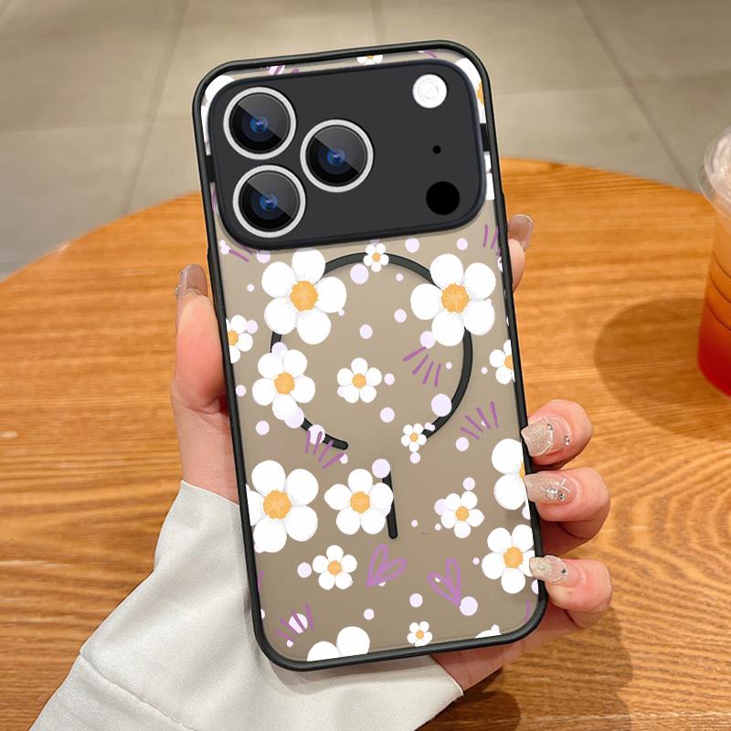 Thin Ring Magnetic For Magsafe Case For iPhone 17 Pro Max Case iPhone 16 15 14 13 Pro Max 17E Daisies Flowers Print Hybrid TPU+PC Matte Cover