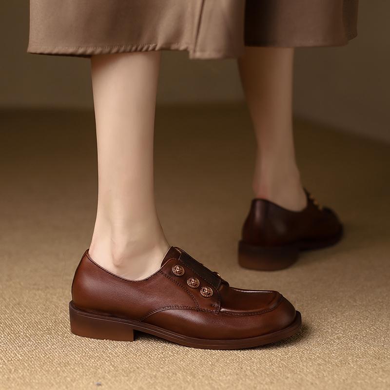

Осенняя женская обувь, лоферы, женские туфли-лодочки с круглым носком, повседневная обувь из натуральной кожи на шнуровке на массивном каблуке в стиле ретро