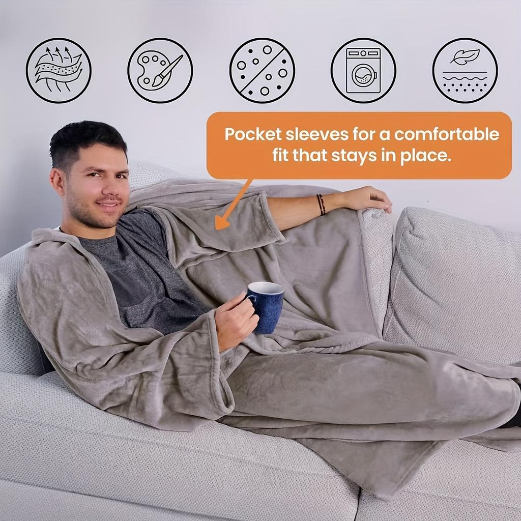 1Pc Wearable Blanket - Lightweight Sofa Bed Home Furnishings Comfortable and Soft Lined Double Pocket Blanket, Warm Long Couple