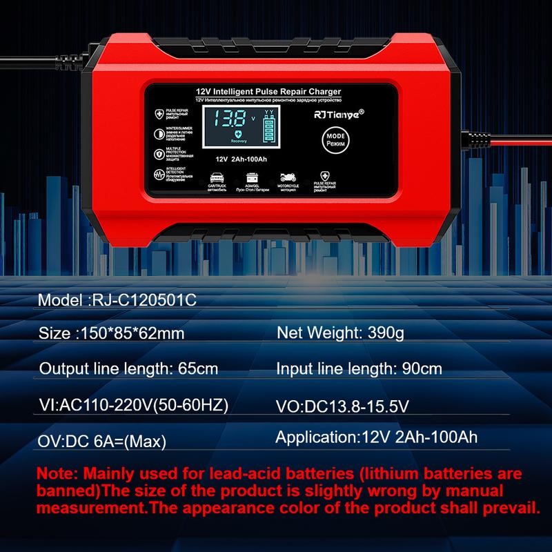 80W Truck Battery Chargers Storage Cell Charging Device Intelligent Pulse Repair for Lead Acid Motorcycle Car Batteries 12V 6A