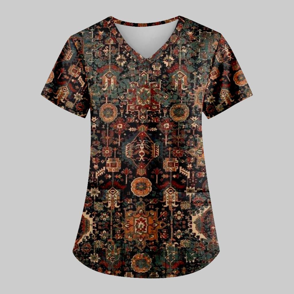 Women's Fashion Printed Work Uniform With Pocket T-Shirt Short Sleeve Top