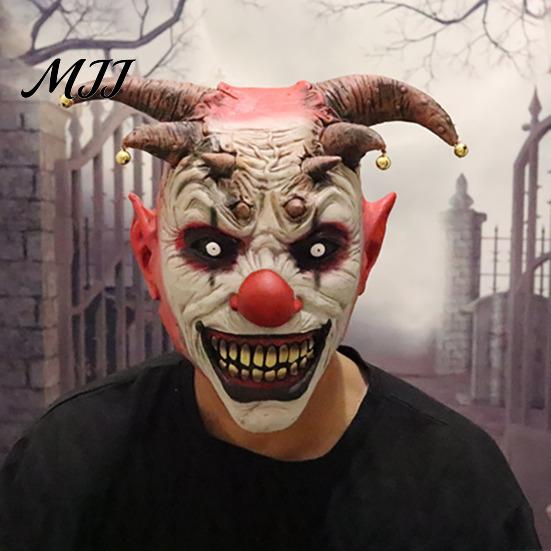 Halloween Party Scary Mask Devil Horns Mask, with Bell Decor, Breathable Comfortable Transparent Vision Latex Headgear, for Adult Cosplay Props Horror