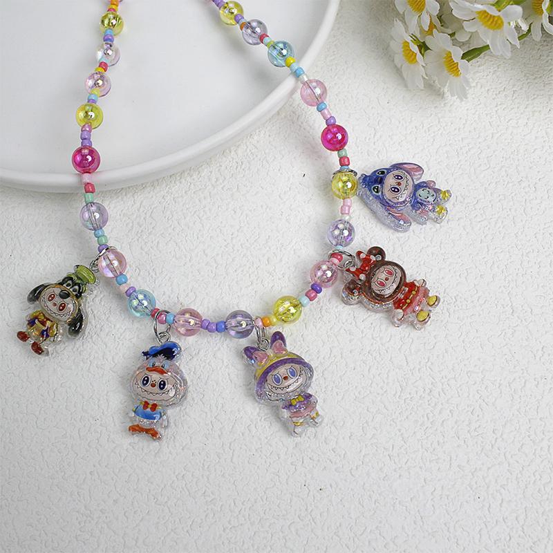 New Korean Version Transparent Resin Colored Bead Pull Cloth Necklace Cute Cartoon Pendant Accessory Chain Necklace