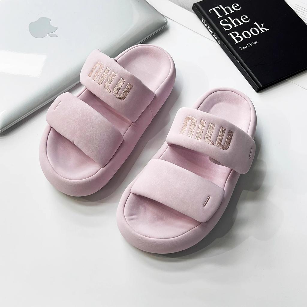 Thick-soled Slippers for Women Who Step On Shit Feel Summer Wear 2025 Bread Heightening Muffin Velcro One-word Cool Slippers for Women