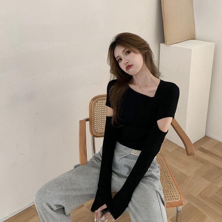 Women's Spring Black Slim-Fit Long-Sleeve Clavicle Top