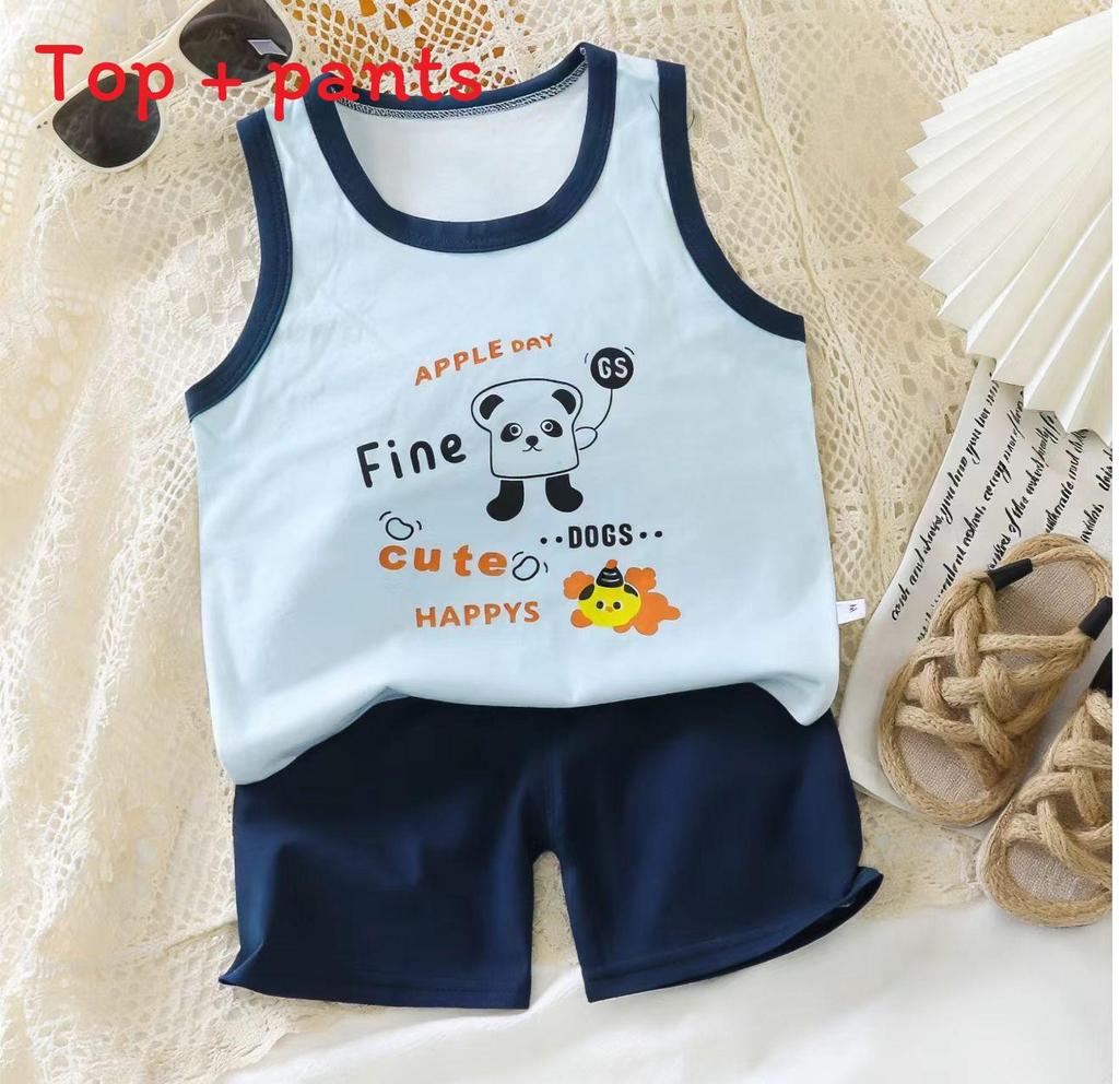 Baby Summer Cotton Sleeveless Shorts Set With Cartoon Prints For Toddler Boys And Girls