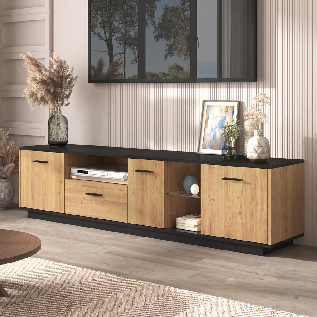 TV Cabinet with One Drawer, Three Doors, Two Open Compartments with Glass, Fine Structure, Black and Natural Wood Colors, 16 Variable LED Lights