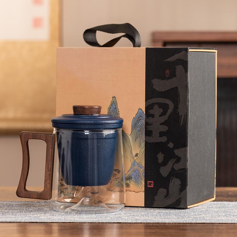 Black sandalwood handle office cup ceramic liner filter glass tea cup high-end anti-scalding gift box portable gift