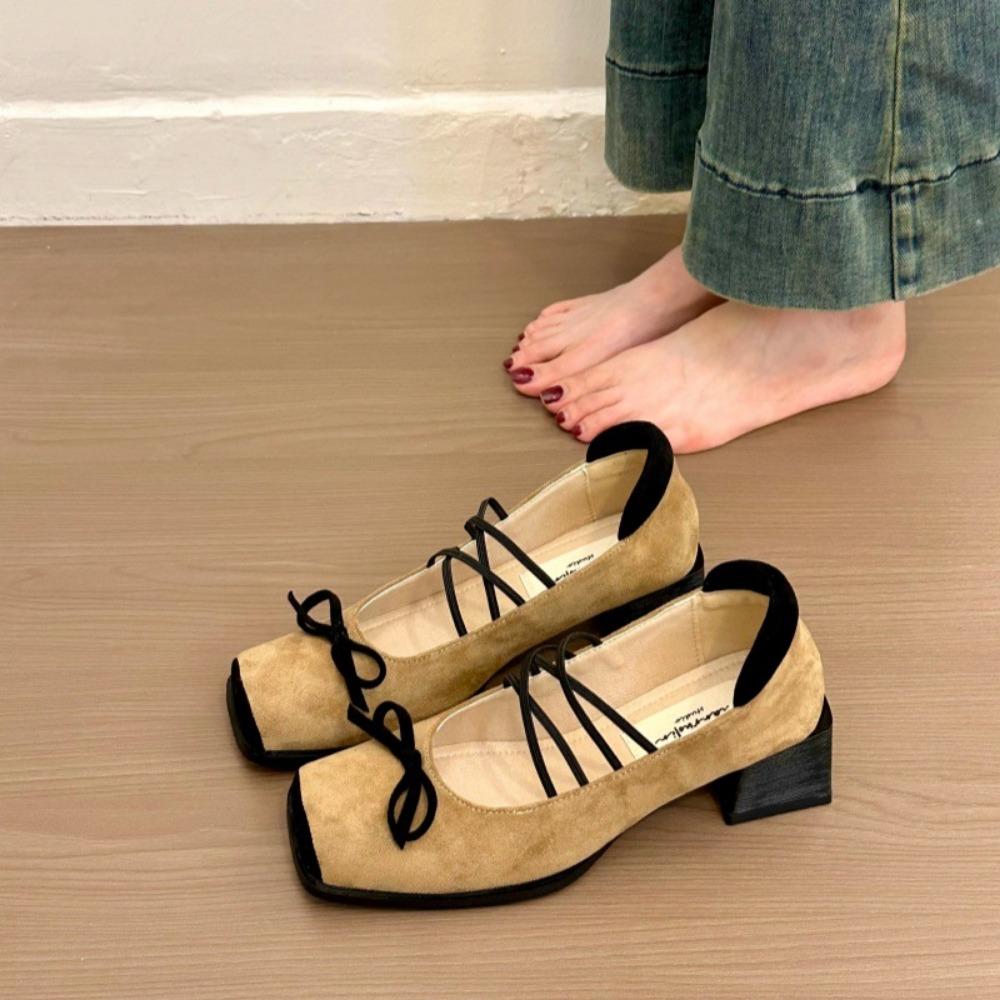 High Heels Women Shoes Retro Suede Bow Mary Jane Shoes Women Spring Versatile Thick Heel Single Shoes Tacones Mujer
