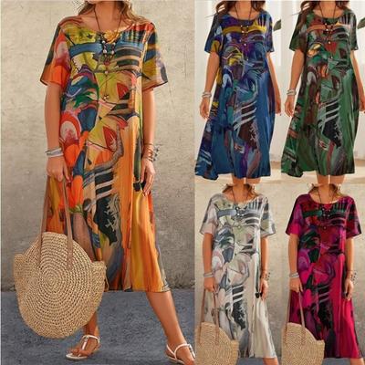 Fashion Casual Print Dress Summer Short Sleeve Loose Round Neck Wide Skirt
