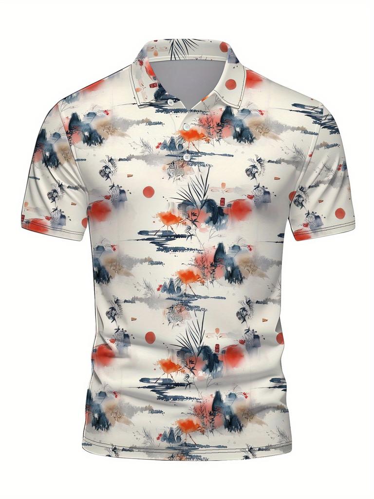Men'S Short-Sleeve Polo Shirt with Flat Digital Print Pattern - No Texture