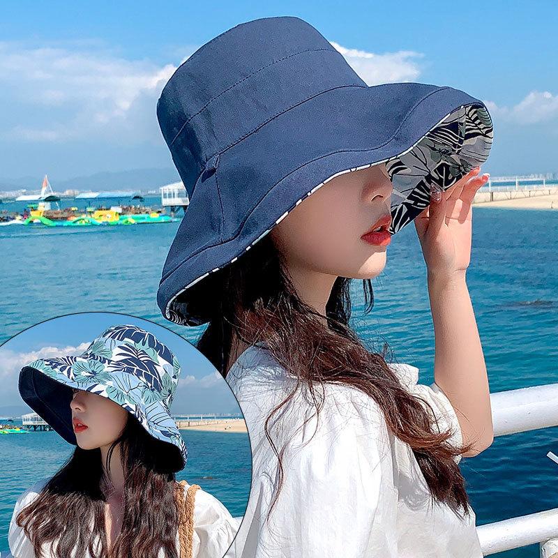 Summer Women Fisherman Hat Solid Flower Print Double Sided Bucket Hats For Ladies Outdoor Travel Beach Sunscreen Cap