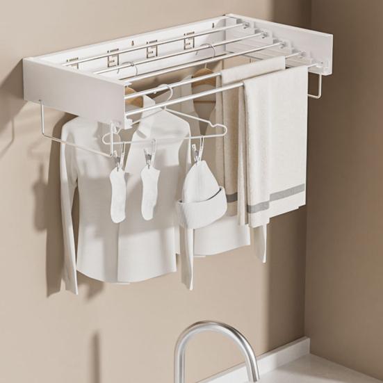 Foldable Clothes Drying Rack Wall Mounted Laundry Drying Rack with 4 Stainless Steel Bars Space-Saving Folding Towel Rack for Bathroom Laundry Balcony