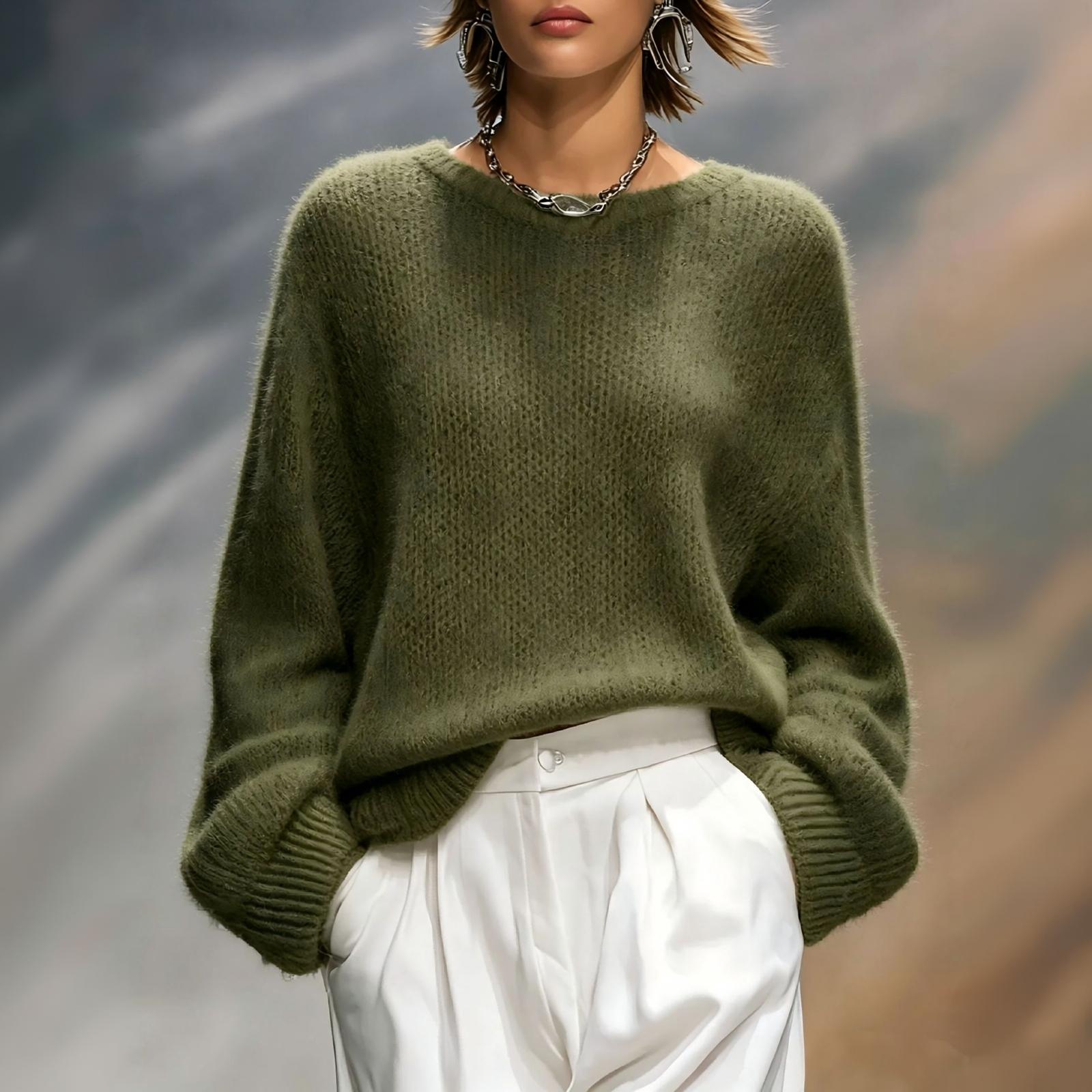 Women s Color Round Neck Loose Fit Pullover Sweater for Fall L