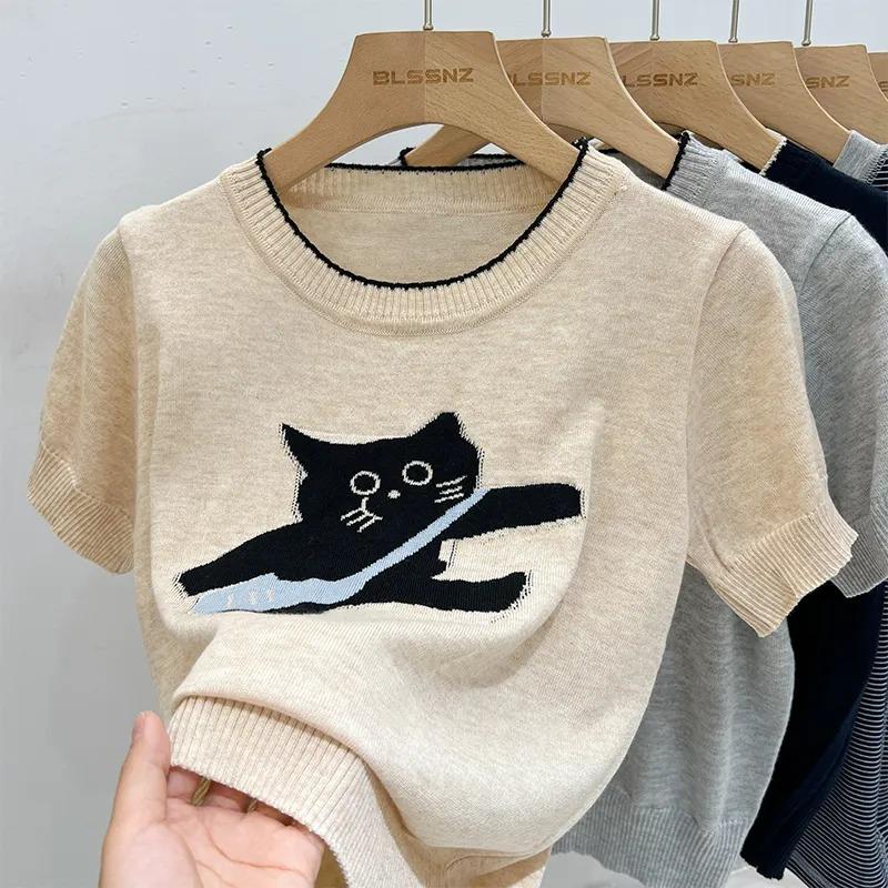 Women Cute Cat Print Short Sleeve Knit Top Round Neck Casual Sweater