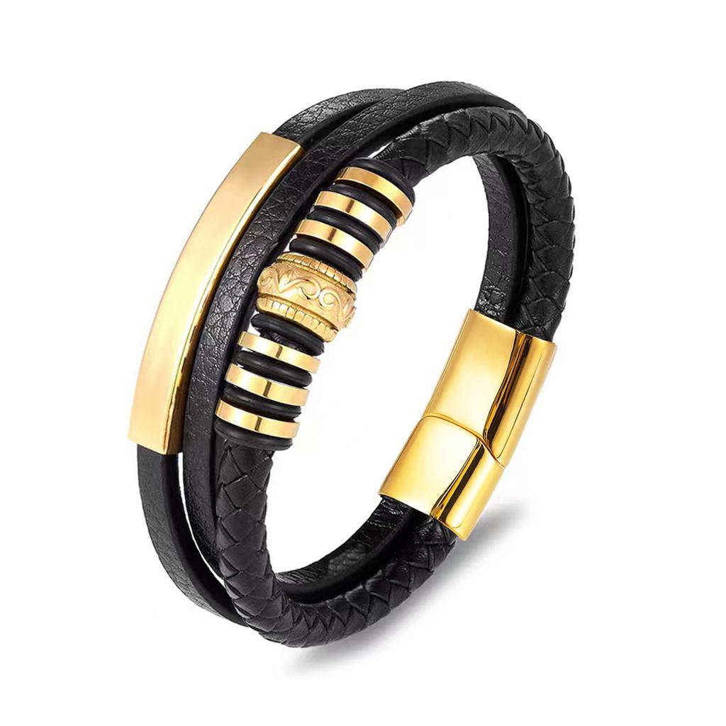 Stainless Steel Leather Bracelet, European and American Style, Stainless Steel Curved Brand, PU Leather Woven Men's Bracelet, Men's Bracelet