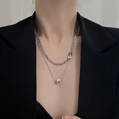 Square Brand Round Beads Double Layer Stacked Necklace Titanium Steel Ins Cold Wind European and American Accessories Trend Personality