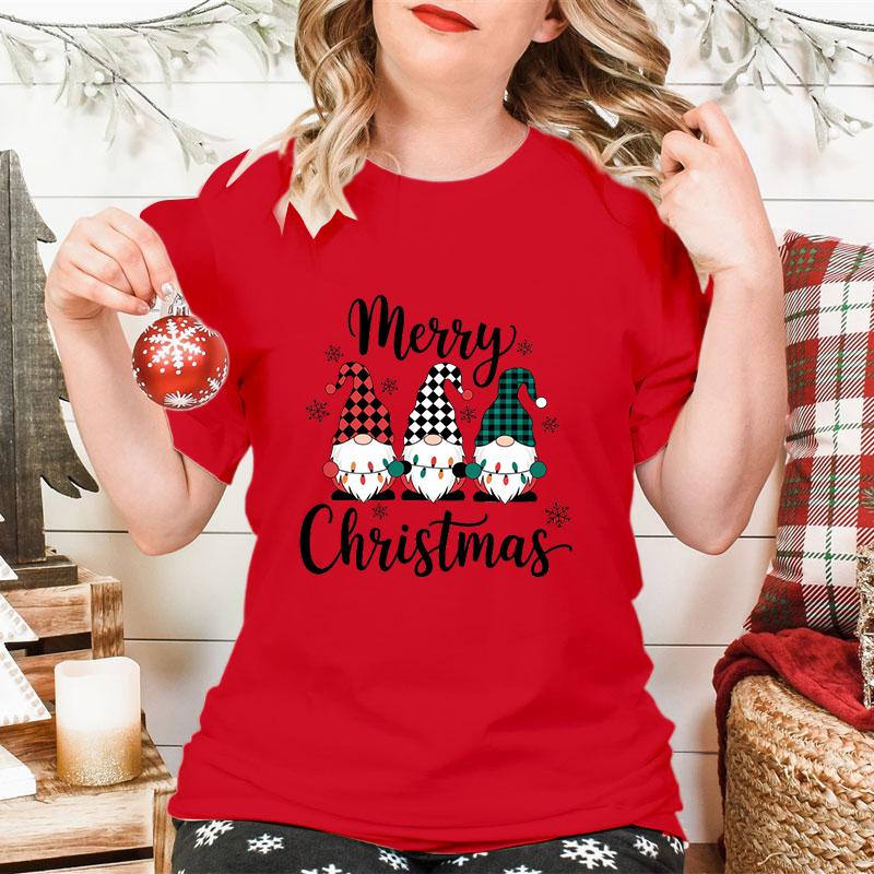 Merry Christmas Gnomes Print Womens Tshirt Fashion Casual Holiday Party Female Tops Tees Short Sleeve Tshirt Women Xmas Gift