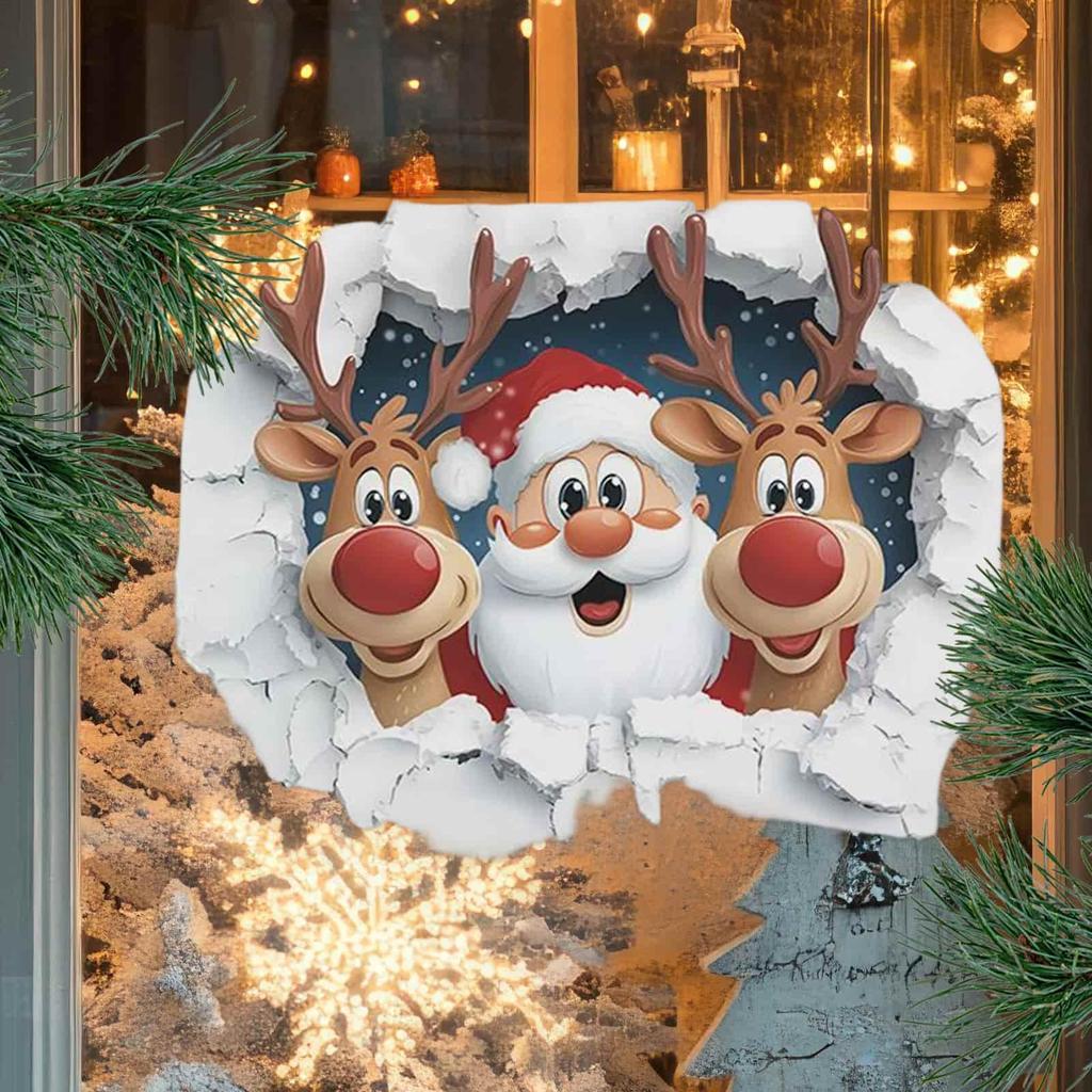 Santa Claus Wall Stickers Removable 3D Effect Christmas Cartoon Decals Santa Reindeer Living Room Stickers for Dorm Office Party