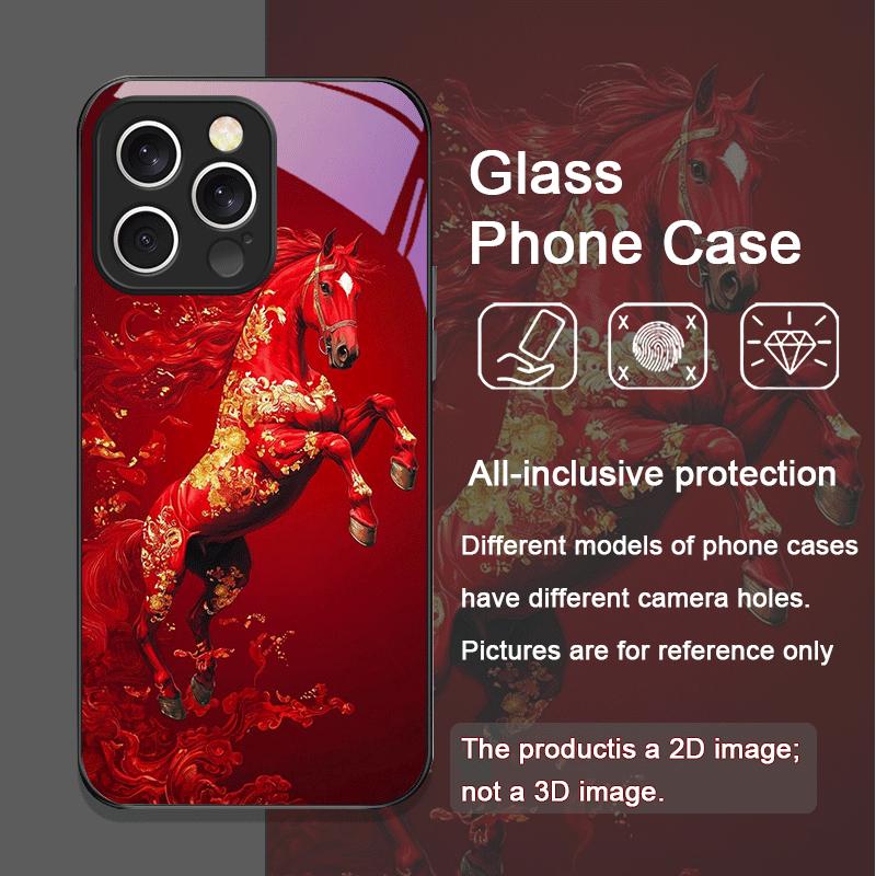 Stilvolle Rote Pferdedruck-Handyhülle aus gehärtetem Glas im chinesischen Stil für iPhone 17 16 Pro Max 15 14 13 12 Mini 11 X XS 7 8 Plus Hülle