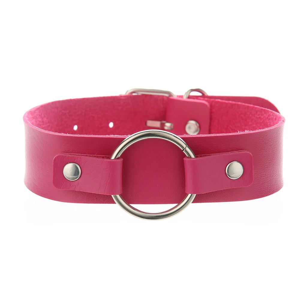 Unisex Round Ring PU Leather Choker, Harajuku Punk Adjustable Neck Collar