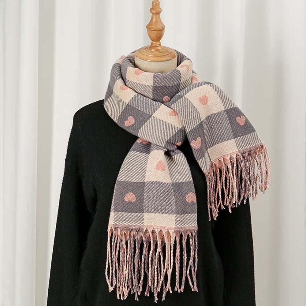 Acrylic Fibers Heart Thickened Scarf Long Tassel Shawl Korean Style Plaid Knitted Scarf  Couple