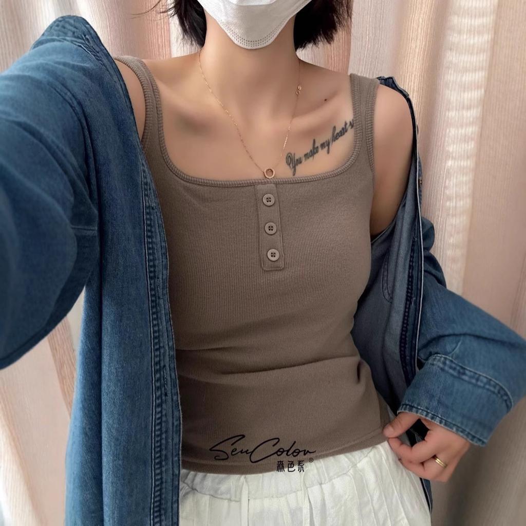 #Autumn square collar abraded vest integrated sling beautiful back seamless bra free thermal underwear with chest pad