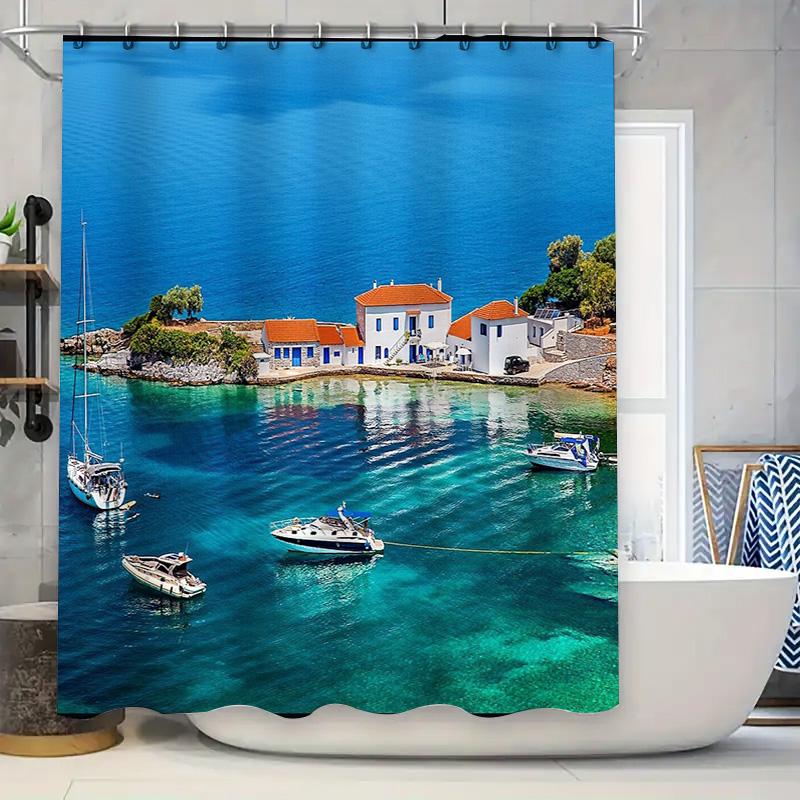 unframed Mediterranean Coastal Shower Curtain Sea View Ocean Decor Beach Themed Bathroom Fabric Waterproof Home Decor Artistic P