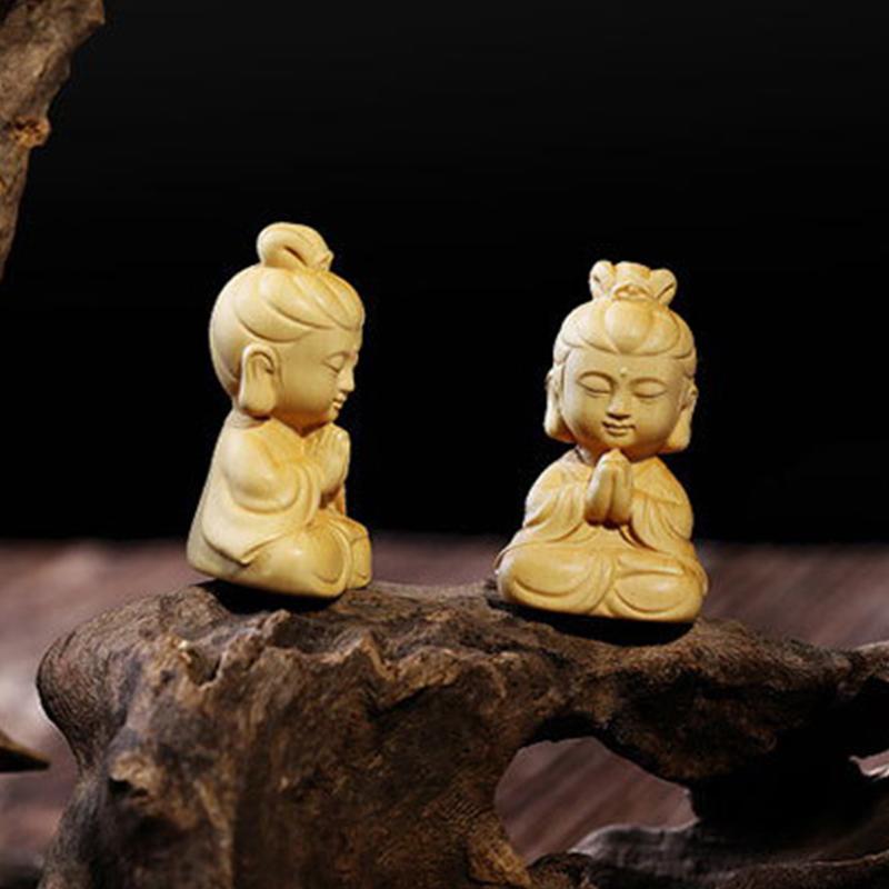 Vintage Mini Boxwood Carved Crafts Buddha Pendant Cute Little Monk Figurine Guanyin Statue Home Decoration Car Ornament Gift