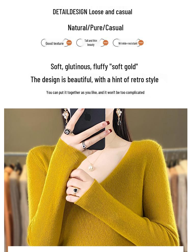 2024 Spring/Autumn Women's Slim Fit V-Neck Long Sleeve Knitwear - Korean Style Trendy Base Layer
