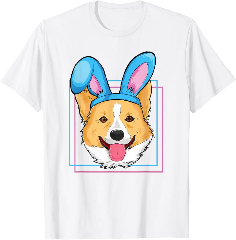 Corgi Wearing Bunny Ears Easter Egg Hunting Dog Lover Graphic T-Shirt Casual Cotton Short Sleeve Tee