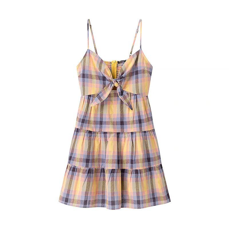 

Van Gogh Dream French style Retro Sweet Plaid Bow Hollow Lace-up Small Man Sling Dress Short dress Small Plaid Skirt L