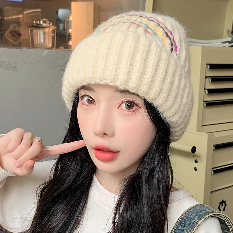 Woolen Hat for Women Warm and Versatile Rainbow Knitted Hat for Students  Outdoor Cold Proof Pullover Hat  Ear Protection Cold Hat for Men