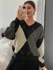 Vintage Contrast Rhomboid V-Neck Sweater Top