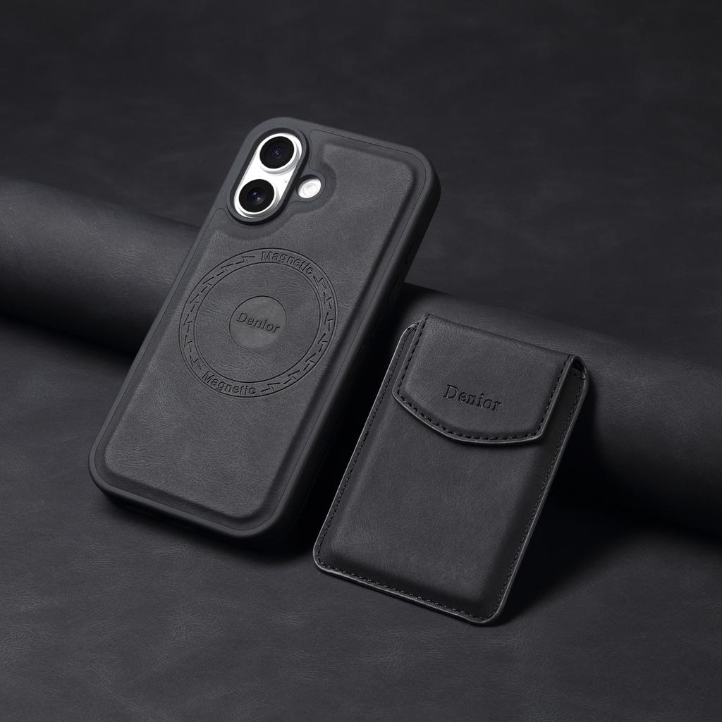 DENIOR D19 For iPhone 16 Magnetic Case Leather+PC+TPU Cover with Detachable Card Bag